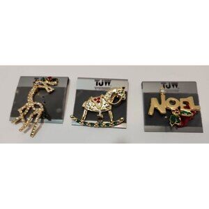 Vtg TJW By Mervyns 3  Christmas Brooches New - Reindeer, Noel, Rocking Horse